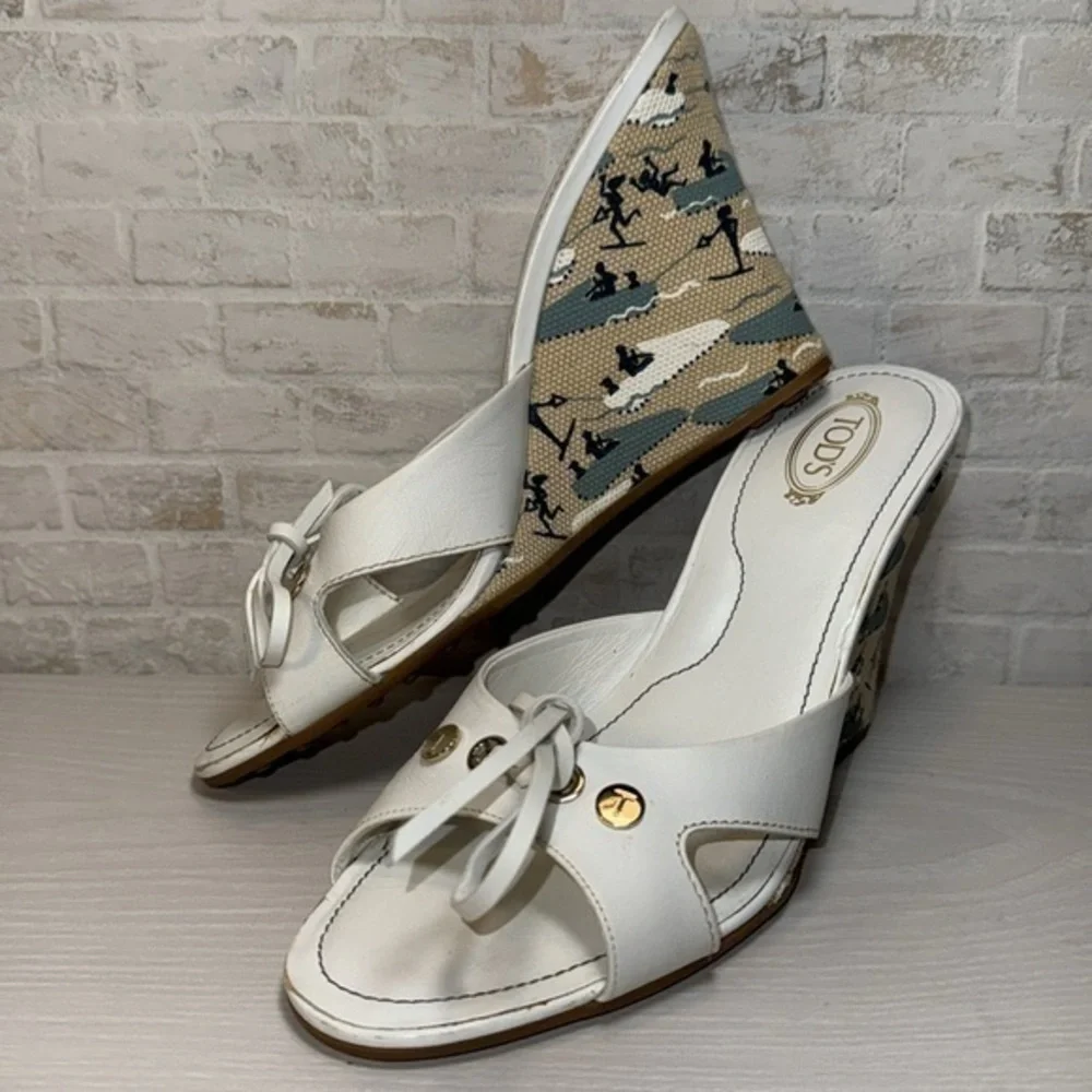 Tod's White Ribbon Wedge Wakeboard Pattern Espadrille Sandal Heel Shoes